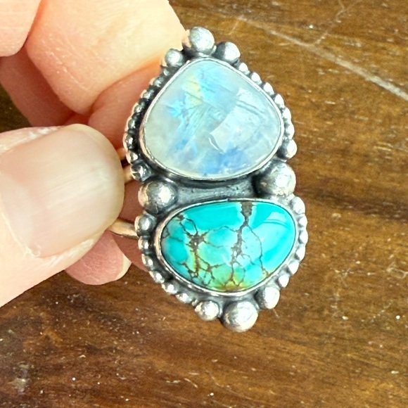 Moonstone and Turquoise Sterling Silver Ring - Picture 5 of 10